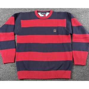 Tommy Hilfiger Striped Chunky Rugby Crew Neck Men's Y2K Red Sweater L